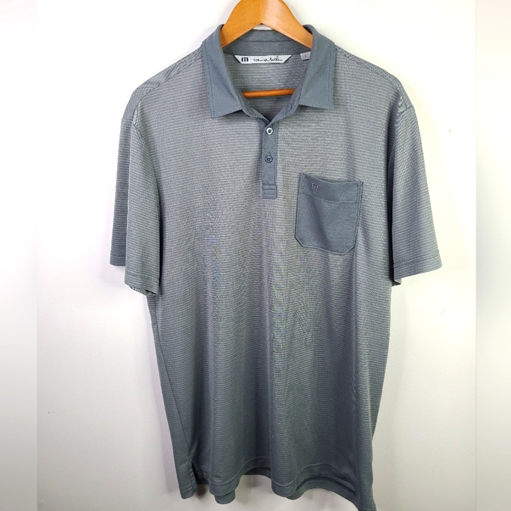 Travis Mathew- Short Sleeve Polo - SIZE L - Grey White Stripes Office Golf